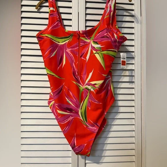 🌴Orange Floral Zip-Front Swimsuit🌴 - Picture 1 of 2